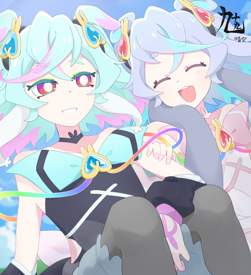 2girls, :d, ^_^, animal_ears, aqua_bow, aqua_hair, aqua_streaks, arm_support