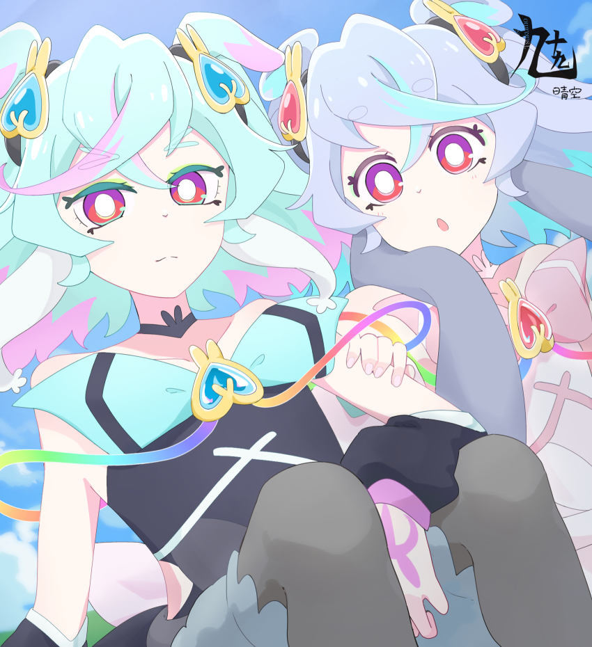 2girls, :3, :o, animal_ears, aqua_bow, aqua_hair, aqua_streaks, arm_support
