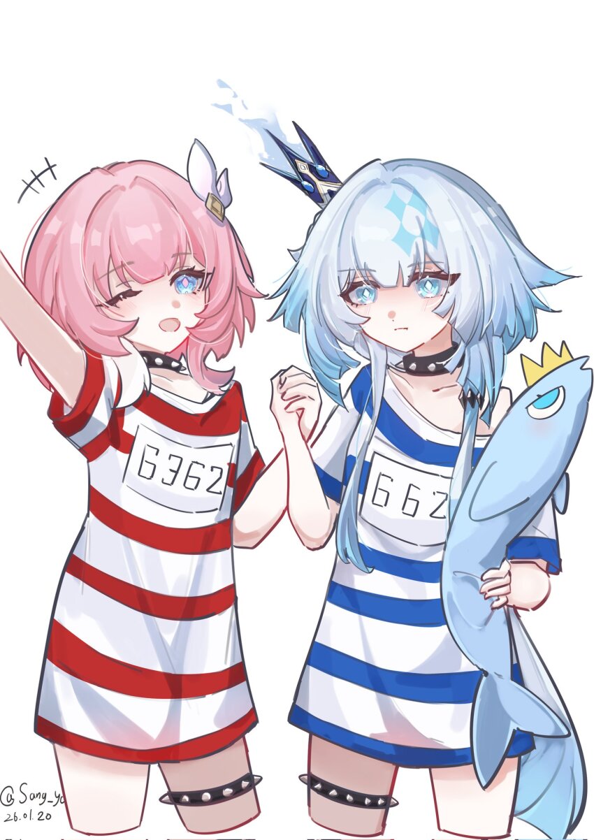 2girls, ;o, alternate_costume, black_choker, blue_eyes, blue_hair, cerydra_(honkai:_star_rail), chinese_commentary, choker, commentary_request, crown, cyrene_(honkai:_star_rail), cyrene_(philia093)_(honkai:_star_rail), dated, dress, hair_ornament, highres, holding_hands, honkai:_star_rail, honkai_(series), long_hair, multicolored_hair, multiple_girls, one_eye_closed, pink_hair, sang_yuchen, short_hair, simple_background, striped_clothes, striped_dress, stuffed_animal, stuffed_fish, stuffed_toy, twitter_username, two-tone_hair, very_long_hair, weapon, white_background