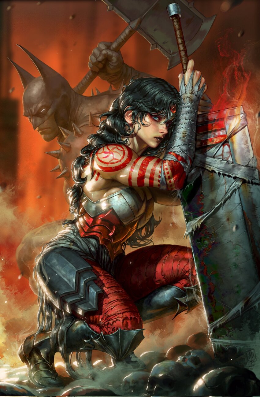 absolute_batman, absolute_dc, absolute_wonder_woman, arm_tattoo, arm_wrap, bat_mask, batman, batman_(absolute_dc)