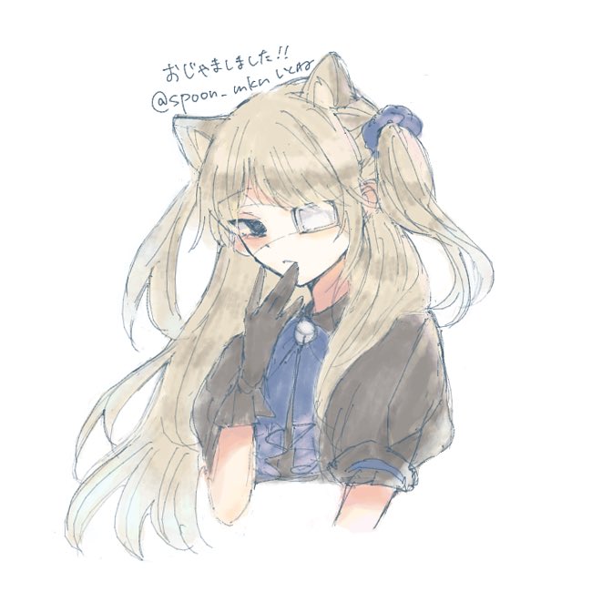 1boy, animal_ears, bell, black_eyes, blonde_hair, blouse, blue_ribbon, blue_scrunchie, brown_gloves, brown_shirt, cat_ears, collared_shirt, commentary_request, crossdressing, eyepatch, gloves, griffin_stewart, hand_up, long_hair, looking_at_viewer, neck_bell, neck_ribbon, oshi_no_taisetsuna_hito_ni_narikawaru, puffy_short_sleeves, puffy_sleeves, ribbon, scrunchie, shirt, shitone_(spoon_mkn), short_sleeves, solo, trap, two_side_up, very_long_hair