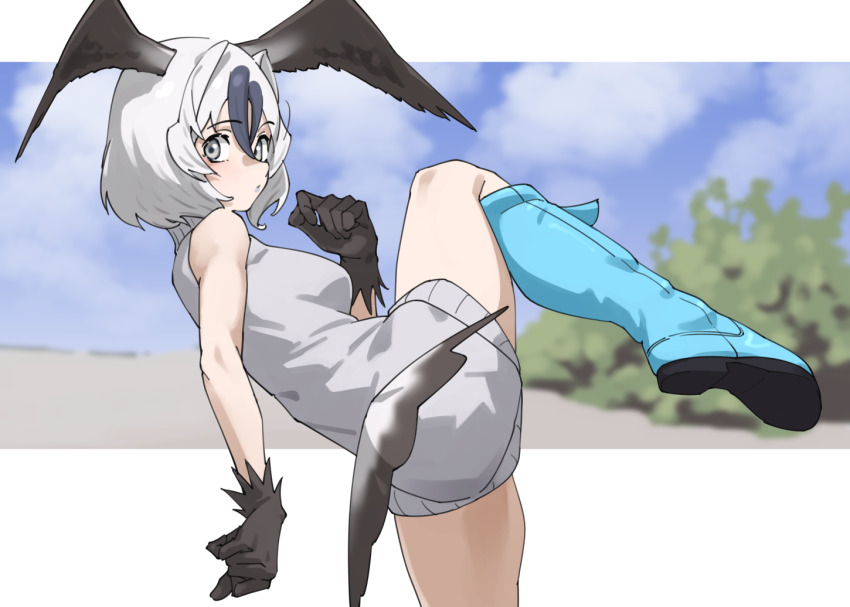 1girl, bare_arms, bare_legs, bare_shoulders, bird_tail, bird_wings, black_gloves, black_hair, black_wings, blue-footed_booby_(kemono_friends), blue_boots, blue_sky, boots, breasts, cloud, commentary, dress, fighting_stance, gloves, grey_eyes, grey_lips, grey_sweater, hair_between_eyes, head_wings, kemono_friends, knee_boots, knee_up, letterboxed, looking_at_viewer, medium_breasts, multicolored_hair, outside_border, short_hair, simple_background, sky, sleeveless, sleeveless_sweater, solo, sweater, sweater_dress, tail, tanabe_(fueisei), turtleneck, turtleneck_sweater, two-tone_hair, white_background, wings