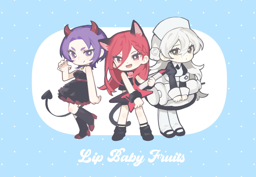 3girls, alternate_costume, animal_ears, asymmetrical_bangs, ballro, black_dress, black_nails, black_shirt