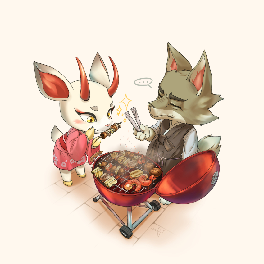 ..., 1boy, 1girl, animal_crossing, commentary_request, cooking, deer_girl, dobie_(animal_crossing)