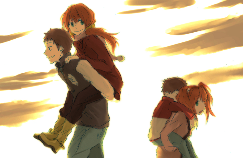 1boy, 1girl, age_progression, aged_up, boots, brother_and_sister, brown_hair, carrying