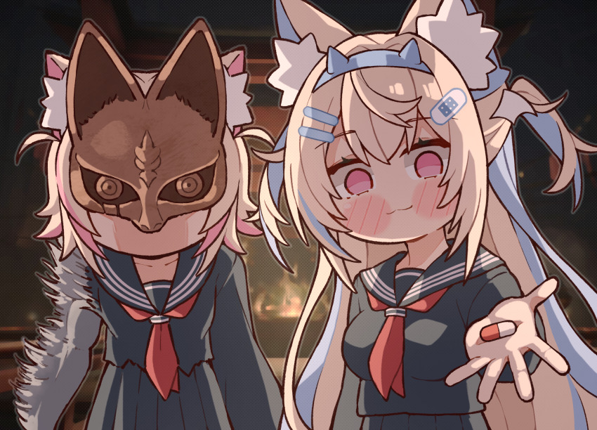 2girls, animal_ears, bandaid, bandaid_hair_ornament, black_sailor_collar, black_serafuku, black_skirt, blonde_hair