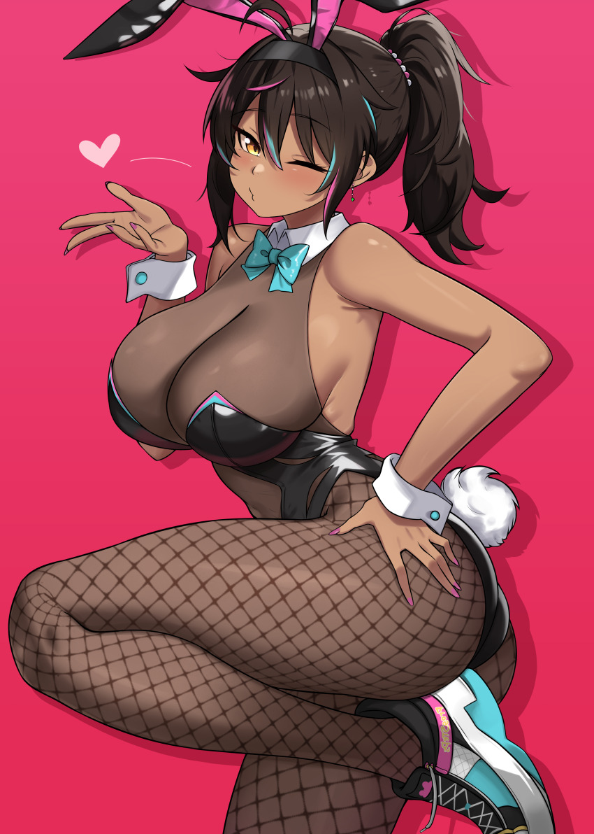 1girl, absurdres, black_leotard, blowing_kiss, blue_bow, bow, brown_hair, commentary