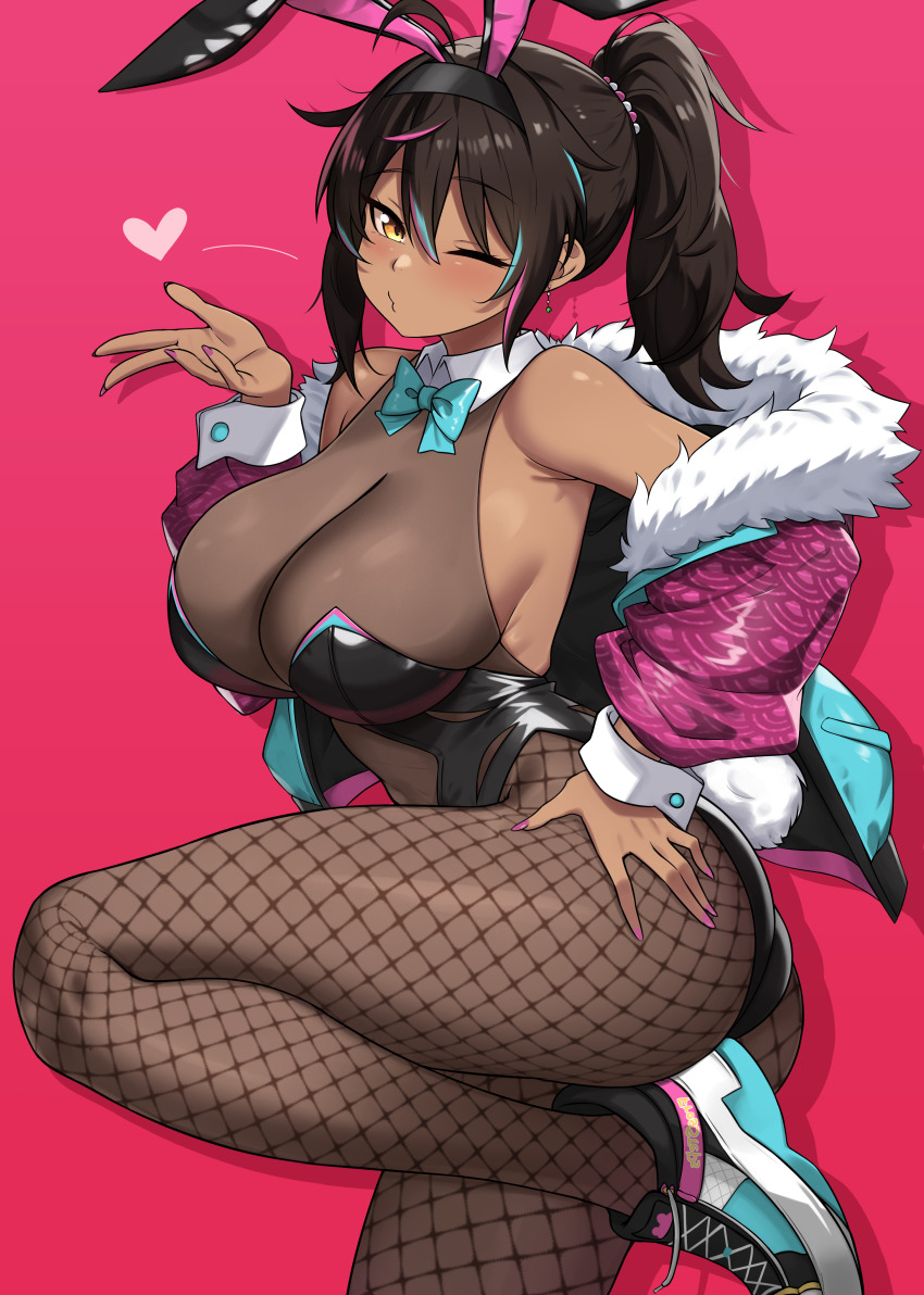 1girl, absurdres, black_leotard, blowing_kiss, blue_bow, bow, brown_hair, commentary