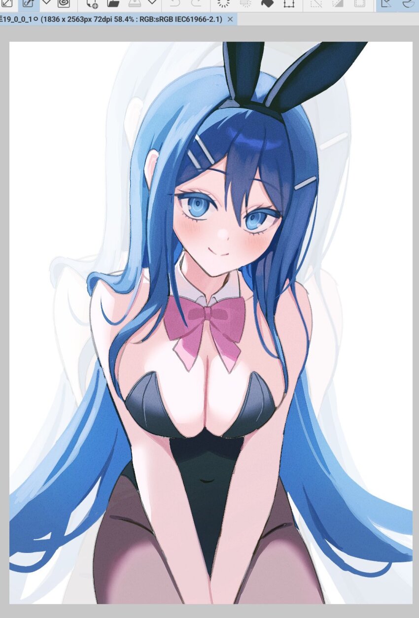 1girl, animal_ears, art_program_in_frame, art_program_request, black_leotard, blue_eyes, blue_hair, blush