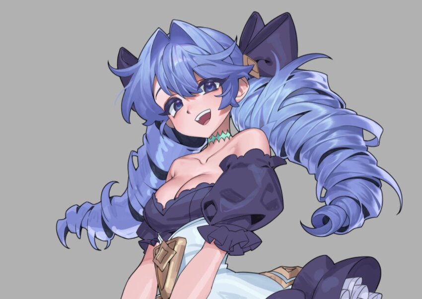 1girl, :d, bare_shoulders, black_bow, black_dress, blue_eyes, bow, breasts