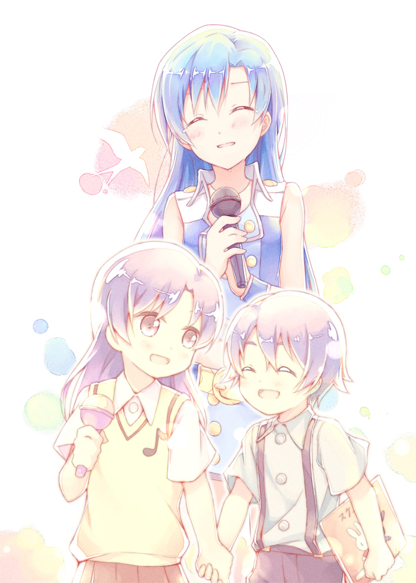1boy, 2girls, :d, blue_hair, blush, child, closed_eyes, holding_hands