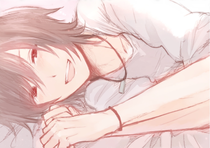 1boy, :d, amagase_touma, bad_id, bad_pixiv_id, blush, bracelet, brown_eyes, brown_hair, idolmaster, jewelry, lying, male_focus, necklace, open_mouth, paruru_(loooooper), short_hair, smile, solo