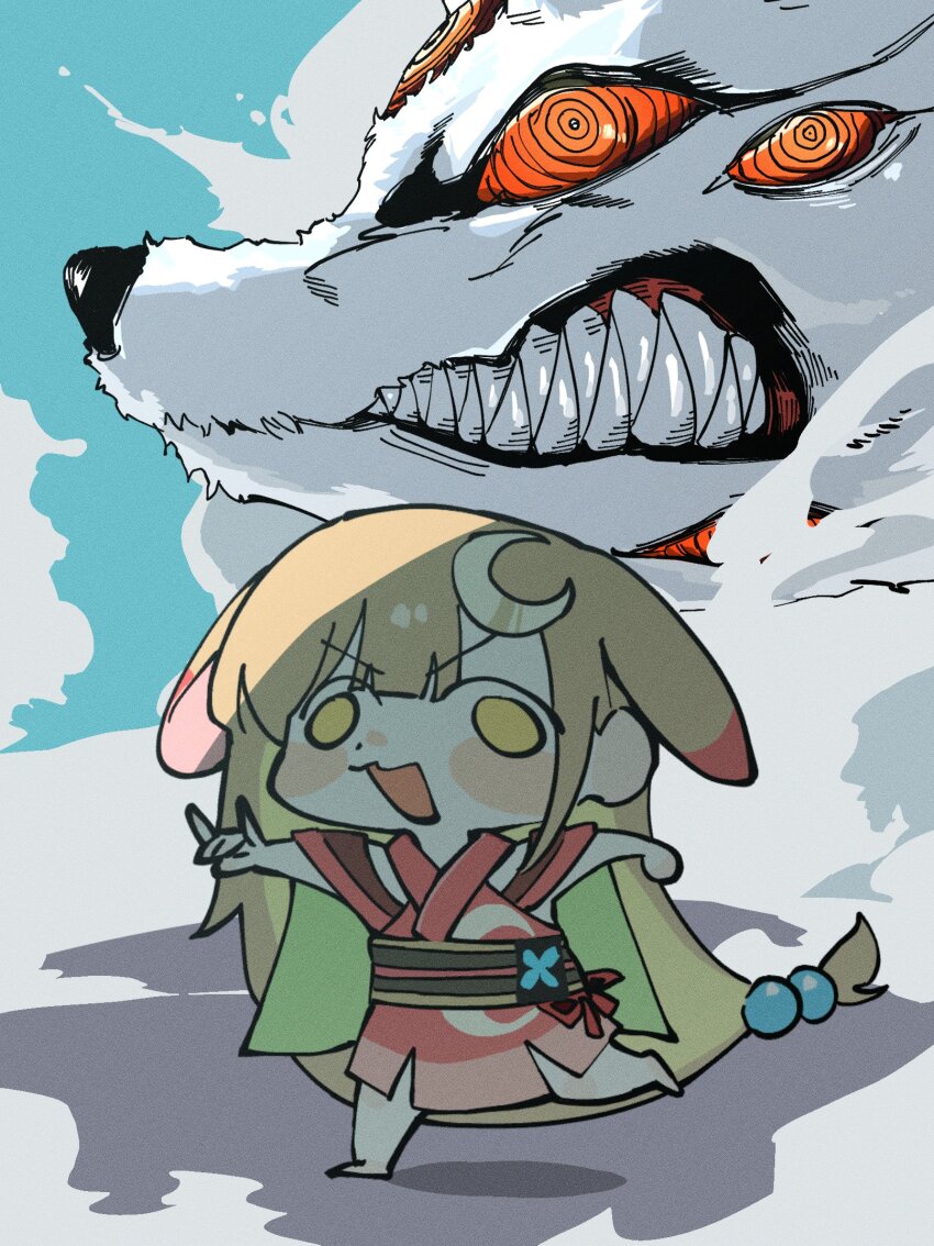 1girl, :3, animal_ears, blonde_hair, blue_sky, blush_stickers, chainsaw_man, chibi