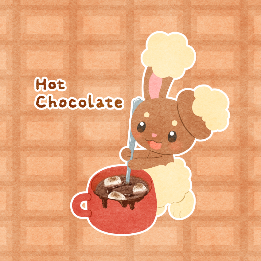 :d, blush, brown_background, buneary, coffee_mug, commentary_request, cup, english_text