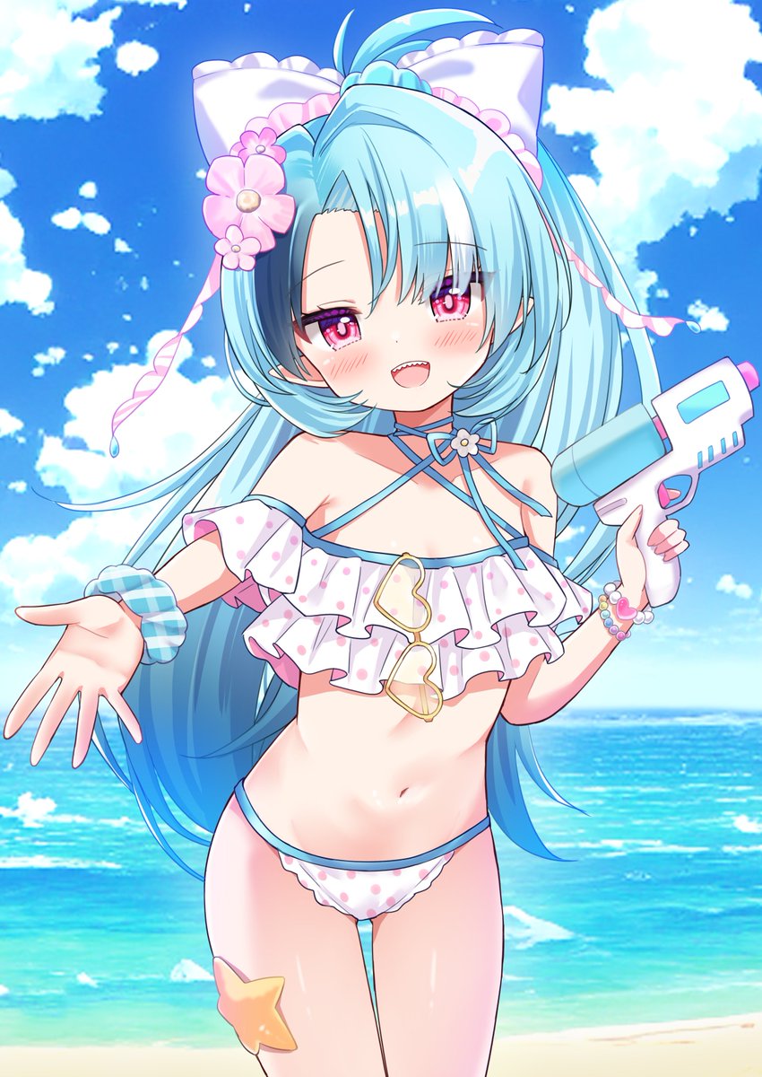 1girl, ahoge, beach, black_hair, blue_hair, bracelet, cloud, commentary