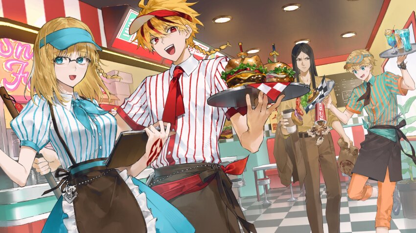 1girl, 3boys, :/, absurdres, alternate_costume, apron, aqua_neckerchief, belt