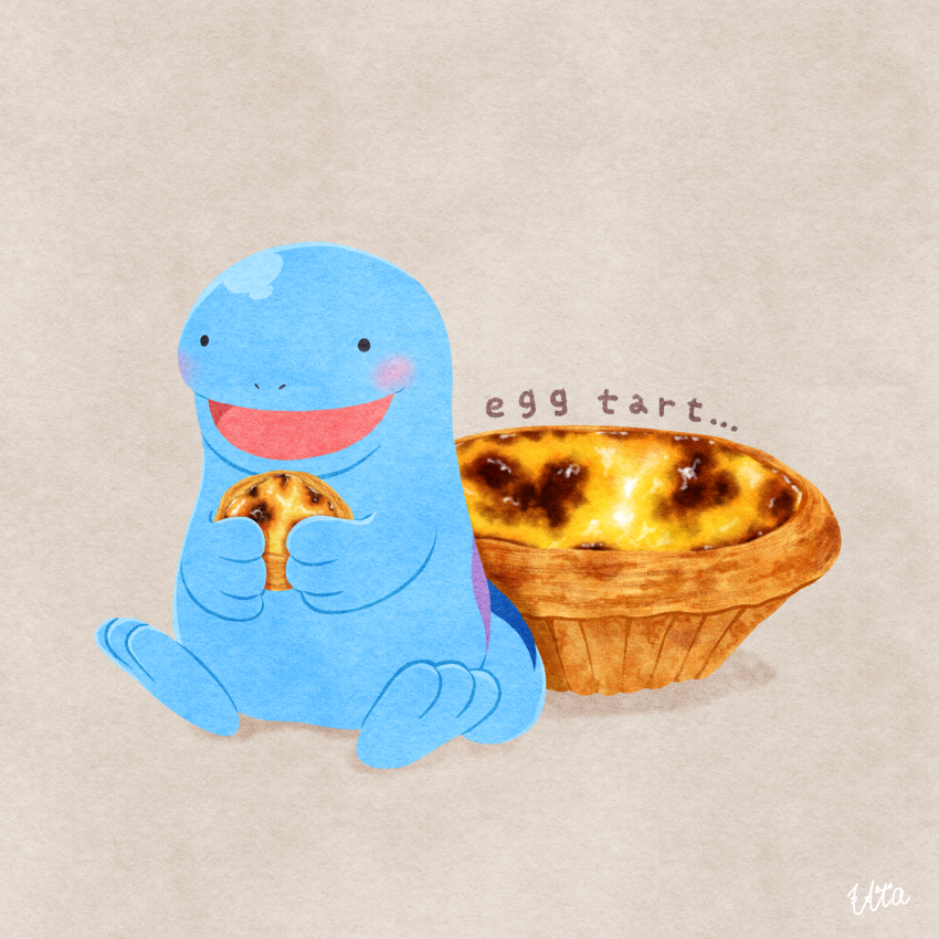 :d, blush, commentary_request, egg_tart, english_text, food, gen_2_pokemon, grey_background