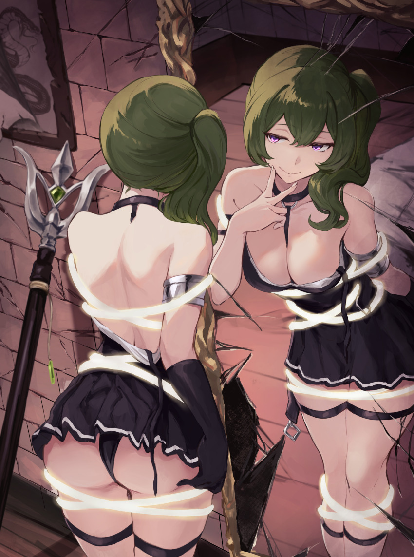 1girl, absurdres, armlet, ass, back, bare_shoulders, black_dress, black_panties