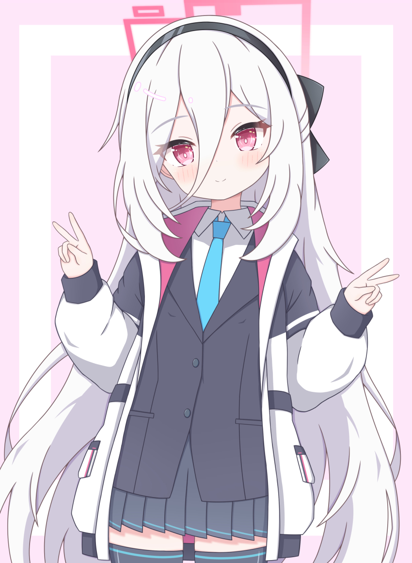 1girl, absurdres, black_hairband, blue_archive, blush, closed_mouth, collared_shirt, commentary_request