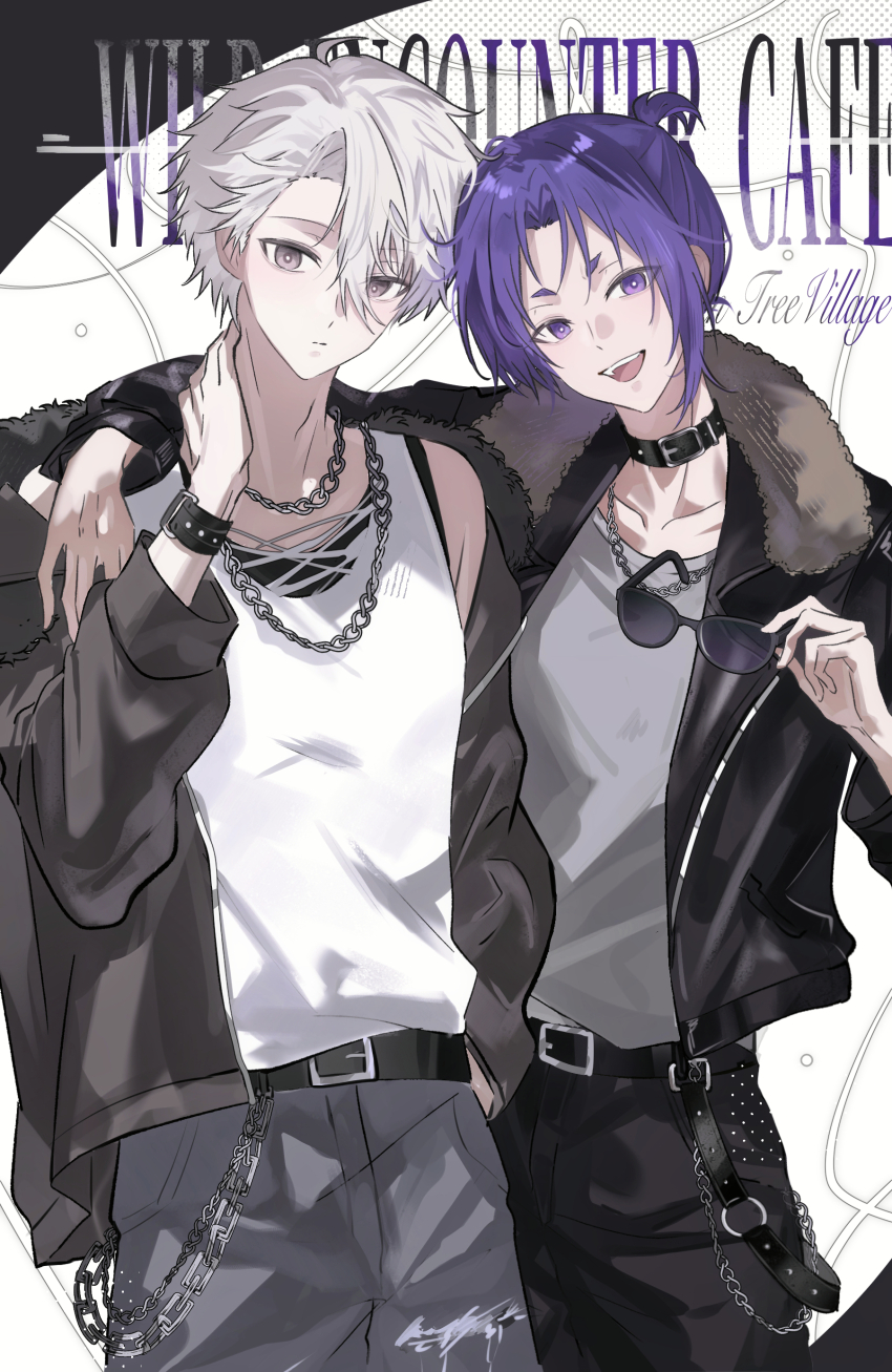 2boys, absurdres, arm_around_shoulder, belt, black_belt, black_jacket, blnag_peapond, blue_lock