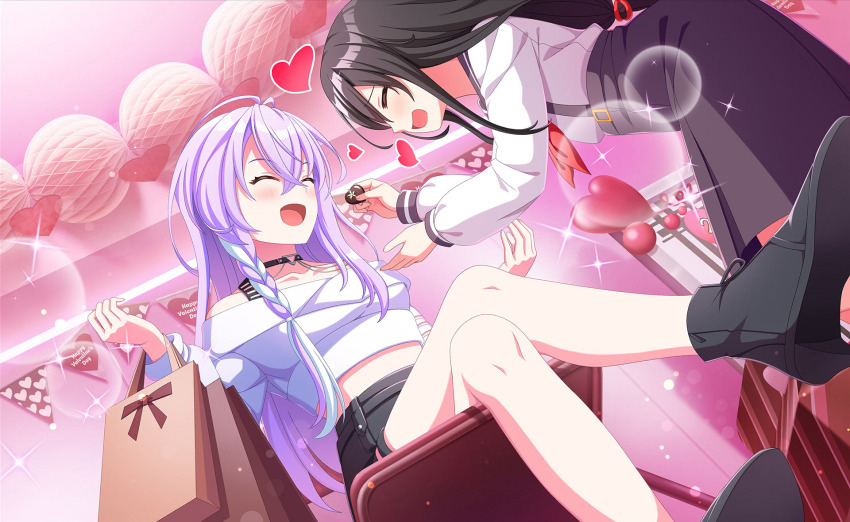 2girls, :d, ^_^, black_hair, blush, box, chocolate, choker