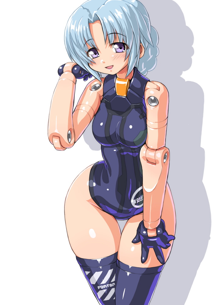 10s, 1girl, bad_id, bad_pixiv_id, bare_shoulders, blue_hair, blue_thighhighs, blush, braid, busou_shinki, dd_(ijigendd), doll_joints, female_focus, fort_bragg, fort_bragg_dusk, gloves, hip_focus, joints, open_mouth, purple_eyes, shadow, short_hair, single_braid, smile, solo, thigh_gap, thighhighs, thighs, wide_hips