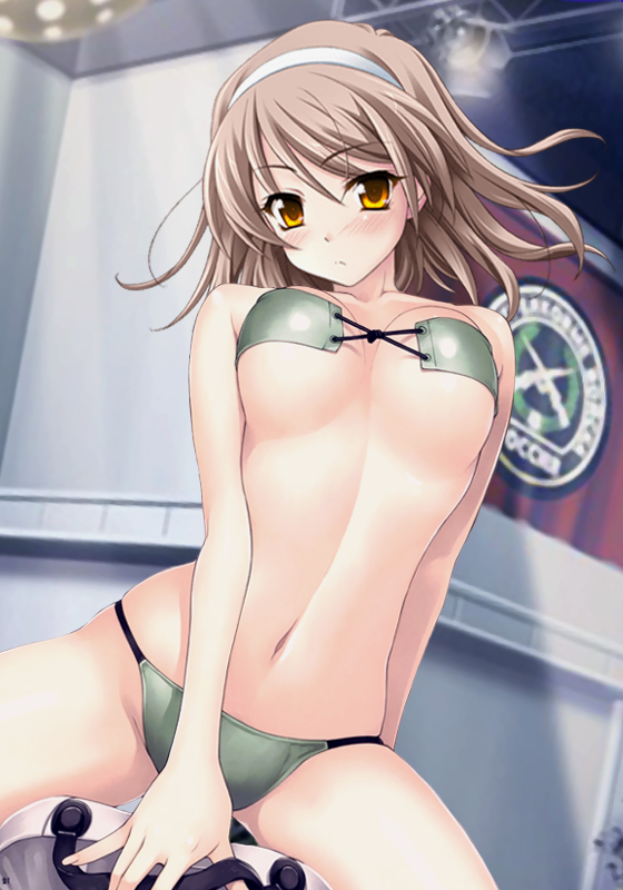 1girl, 5pb., bikini, blush, breasts, brown_hair, female_focus, girl_on_top, green_bikini, hairband, long_hair, medium_breasts, memories_off, memories_off_6, navel, solo, swimsuit, tanaka_shoutarou, third-party_edit, toomine_ririsu, yellow_eyes