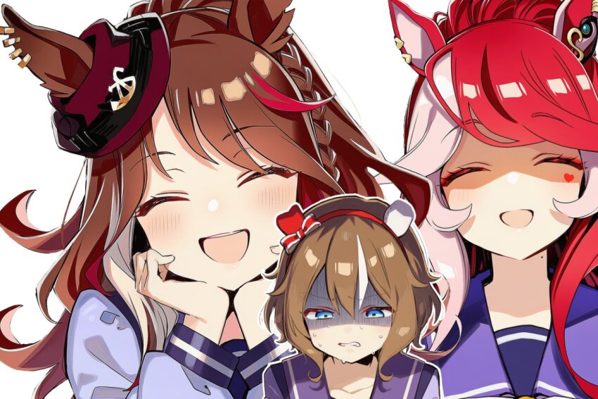3girls, :d, ^_^, animal_ears, blue_eyes, brown_hair, closed_eyes, commentary_request