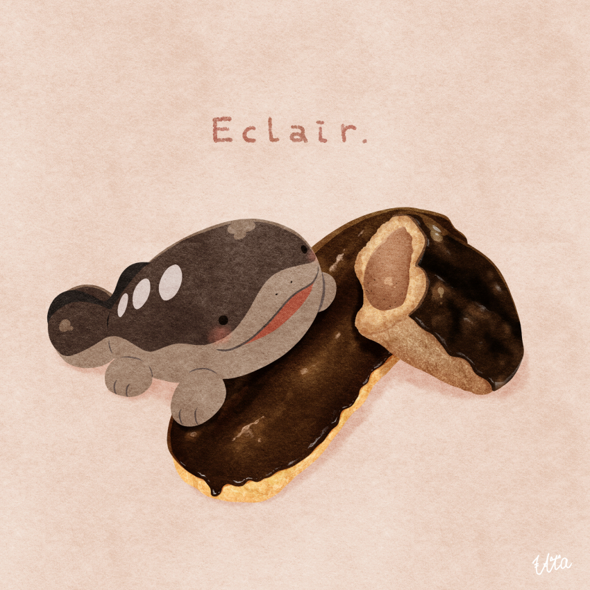 blush, brown_background, chocolate, clodsire, commentary_request, eclair_(food), food, highres