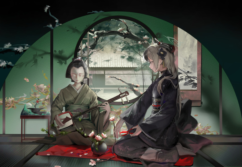 1girl, arch, black_hair, black_kimono, blanket, blue_archive, bonsai, border
