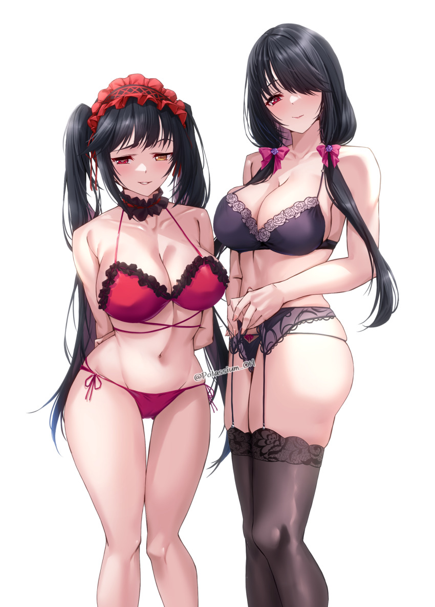 2girls, azur_lane, black_bra, black_garter_belt, black_garter_straps, black_hair, black_panties, blush