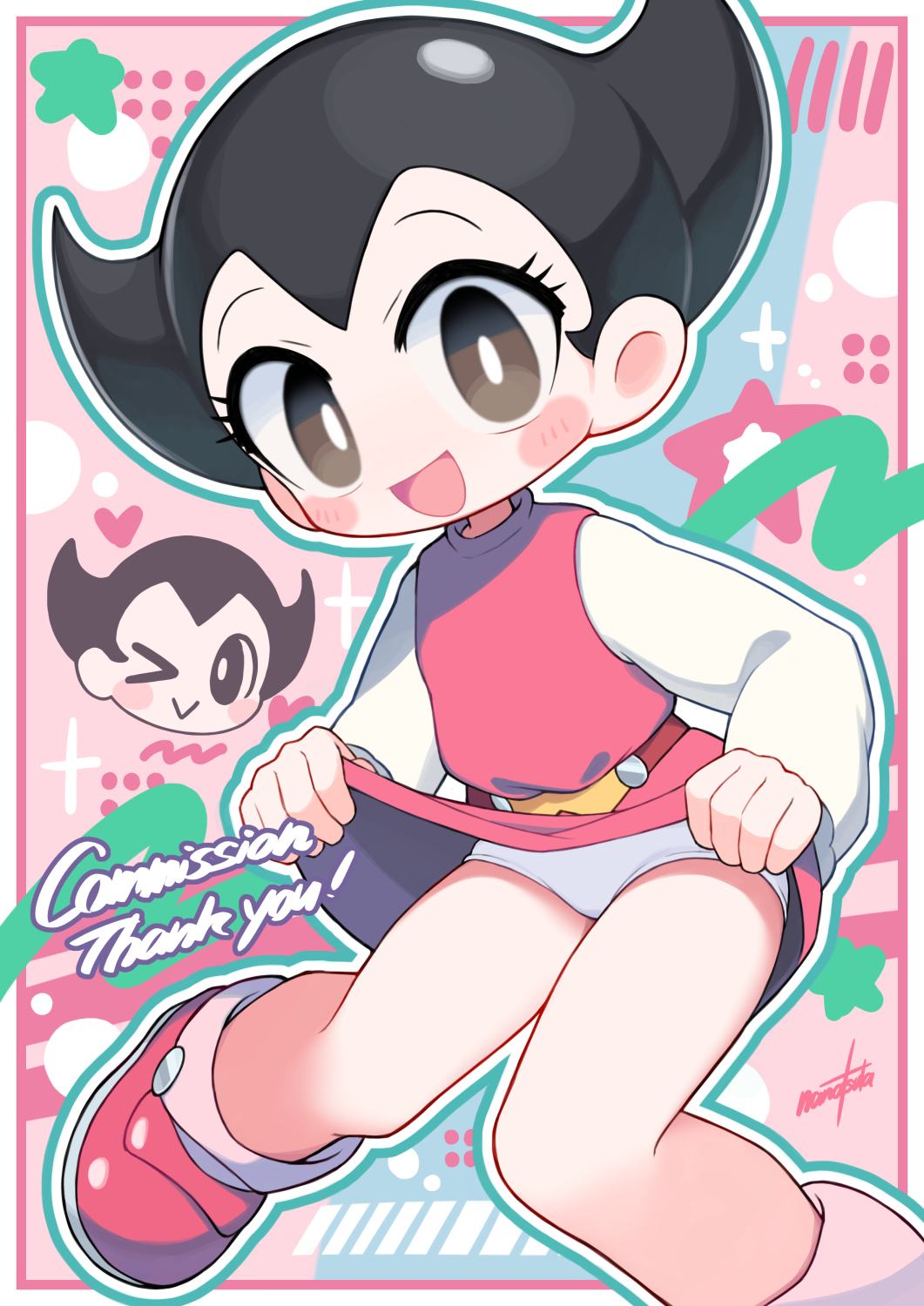 1girl, black_hair, blush_stickers, clothes_lift, dress, highres, loli, nanatsuta