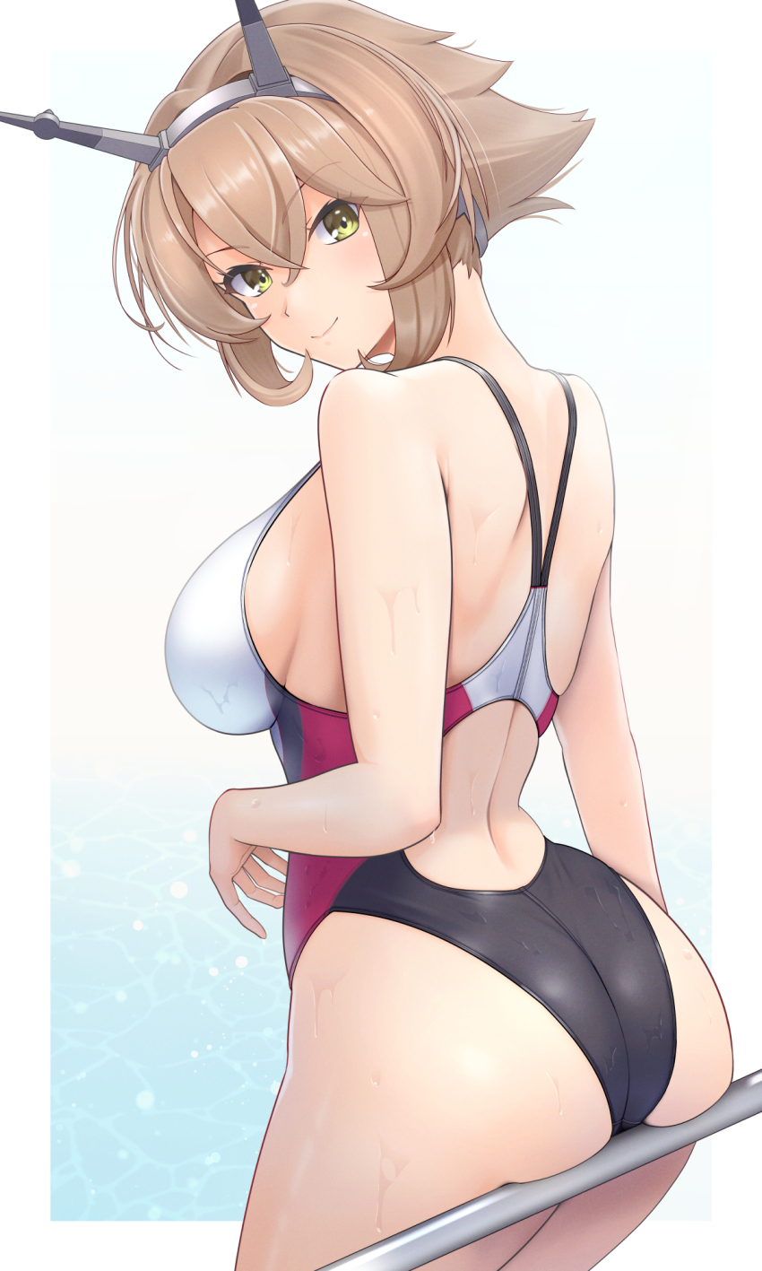 1girl, ass, ass_support, bare_shoulders, blush, breasts, brown_hair, from_behind, hairband, kantai_collection, large_breasts, looking_at_viewer, mesera, mutsu_(kancolle), one-piece_swimsuit, short_hair, sideboob, smile, solo, swimsuit, water, wet, wet_clothes