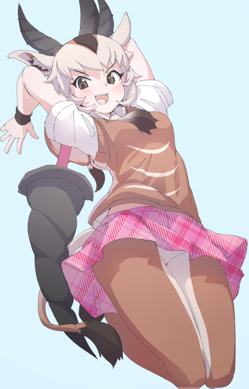 1girl, animal_ears, blue_background, brown_eyes, cardigan, commentary_request, common_eland_(kemono_friends), extra_ears