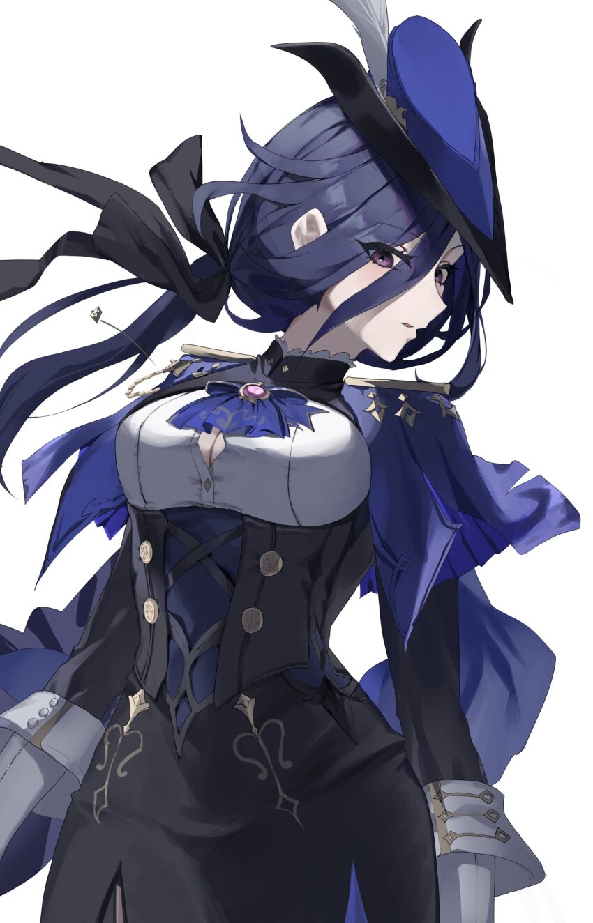 1girl, ascot, black_corset, black_ribbon, blue_ascot, blue_cape, blue_hair, breasts