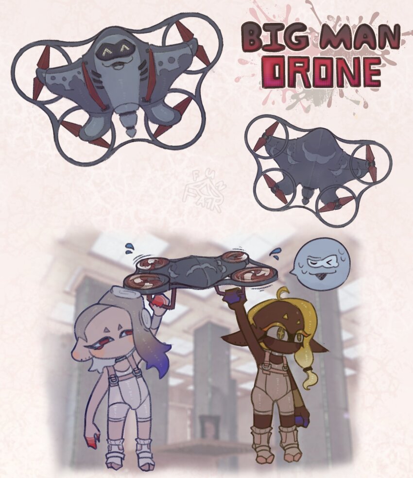 2girls, ^_^, big_man_(splatoon), blue_hair, cephalopod_eyes, closed_eyes, colored_eyelashes, commentary