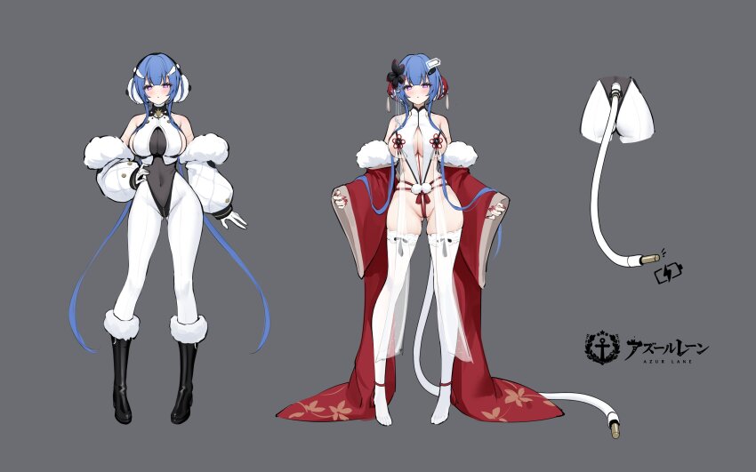 1girl, absurdres, ass, azur_lane, bare_shoulders, black_boots, black_flower, blue_hair