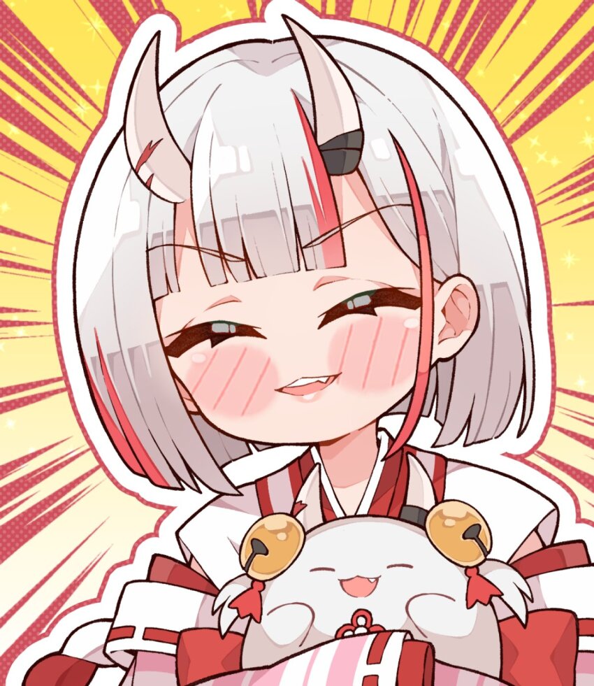 1girl, chibi, commentary, frilled_kimono, frills, hair_between_horns, highres, hololive, horns, japanese_clothes, kimono, kukie-nyan, looking_at_viewer, multicolored_hair, nakiri_ayame, nakiri_ayame_(10th_costume), oni, poyoyo_(nakiri_ayame), red_eyes, red_hair, short_hair, skin-covered_horns, streaked_hair, two-tone_kimono, virtual_youtuber