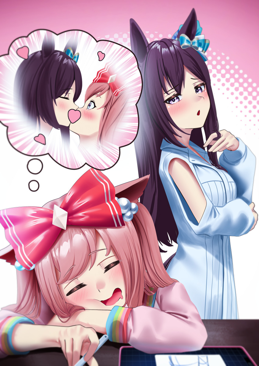 2girls, absurdres, agnes_digital_(casual)_(umamusume), agnes_digital_(umamusume), animal_ears, aqua_bow, black_hair, blue_eyes