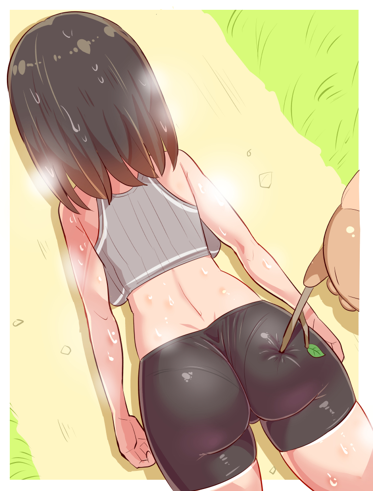 1girl, ass, ass_focus, ass_poking, backboob, bare_shoulders, bike_shorts, black_hair, black_shorts, breasts, cameltoe, cougar_(cougar1404), dimples_of_venus, from_above, from_behind, huge_ass, long_hair, lying, on_stomach, original, pantylines, short_shorts, shorts, solo_focus, steaming_body, stick, sweat