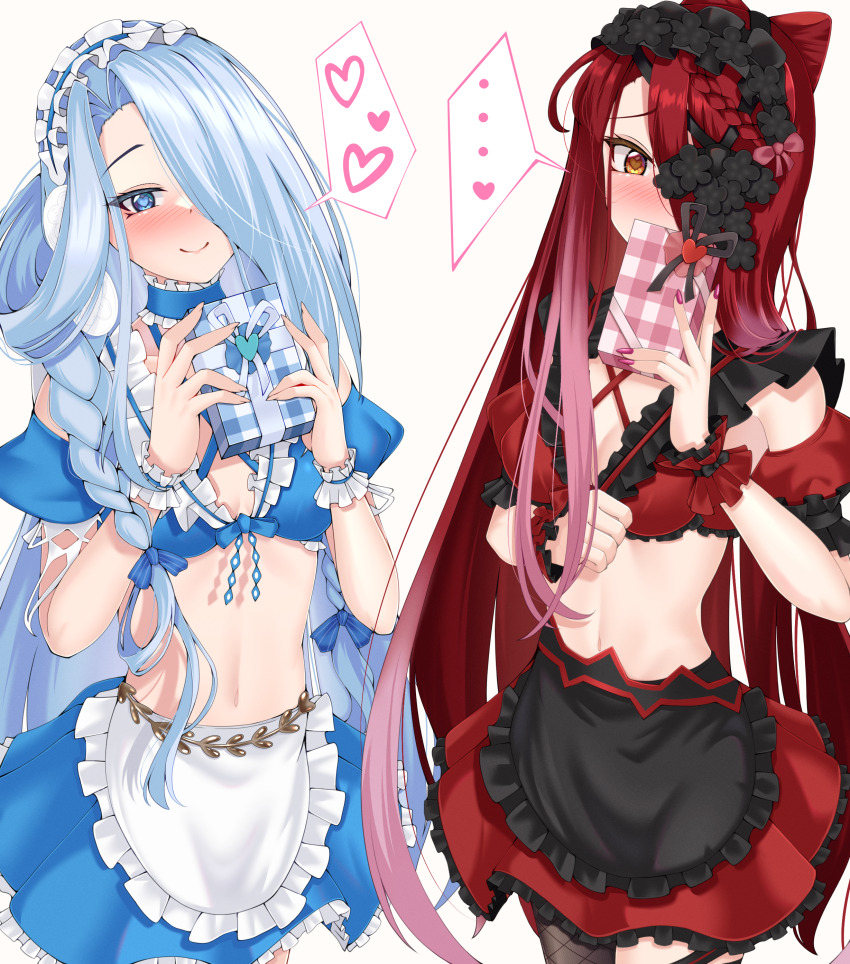 ..., 2girls, absurdres, apron, blue_eyes, blue_hair, blush, braid