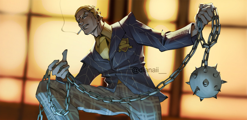 1boy, absurdres, ball_and_chain_(weapon), blonde_hair, character_request, cigarette, commentary, diana_ii