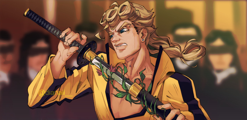 6+boys, absurdres, aqua_eyes, beatrix_kiddo, beatrix_kiddo_(cosplay), blonde_hair, bruce_lee's_jumpsuit, commentary