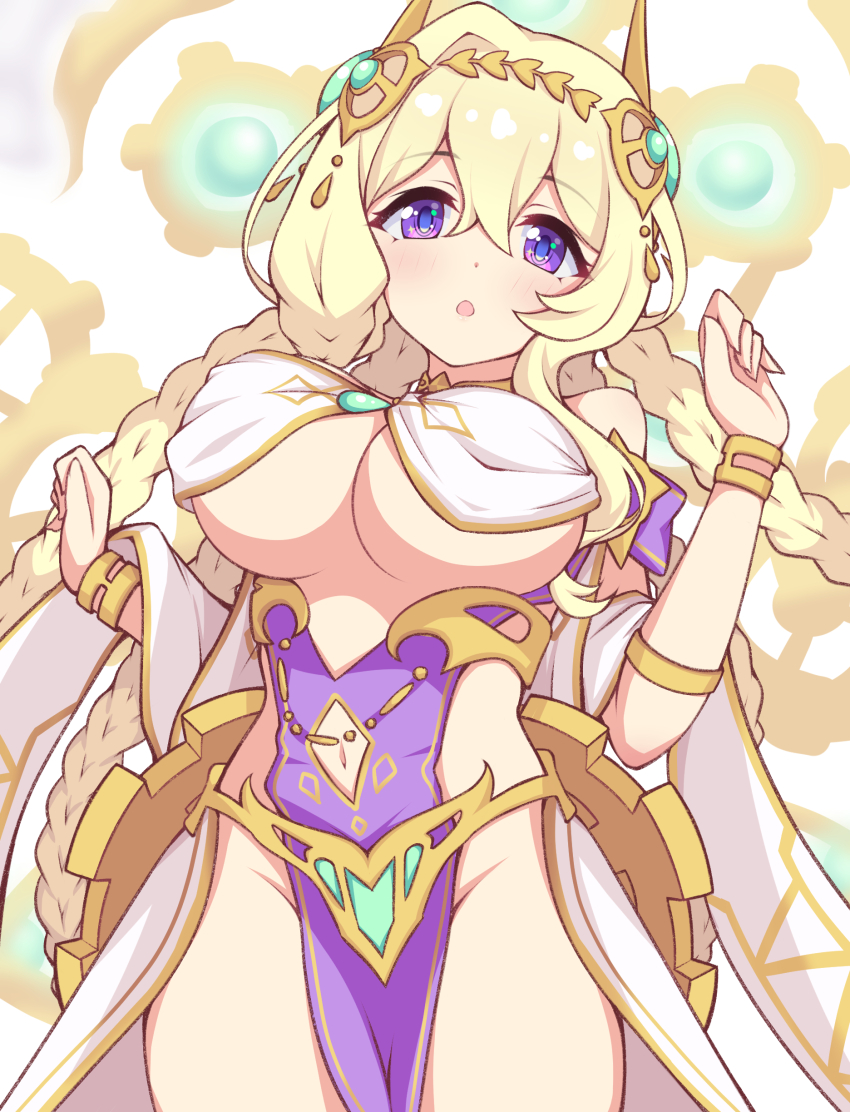 1girl, absurdres, armlet, bare_shoulders, belly_chain, blonde_hair, blush, bracelet, braid, breasts, cleavage, clothing_cutout, commentary_request, dress, gold_trim, hair_ornament, halterneck, highres, jewelry, kuroha_koudai, large_breasts, laurel_crown, long_braid, long_hair, looking_at_viewer, lyrael_(perfect)_(princess_connect!), lyrael_(princess_connect!), navel, navel_cutout, open_mouth, pelvic_curtain, princess_connect!, purple_dress, purple_eyes, sideless_dress, solo, thighs, two-tone_dress, very_long_hair, white_dress