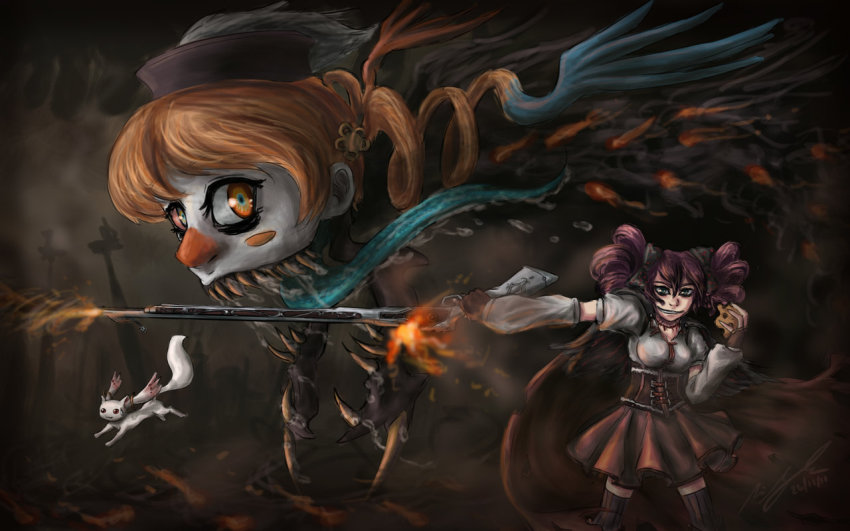 10s, 1girl, charlotte_(madoka_magica), cheese, corset, creepy, detached_sleeves, firing