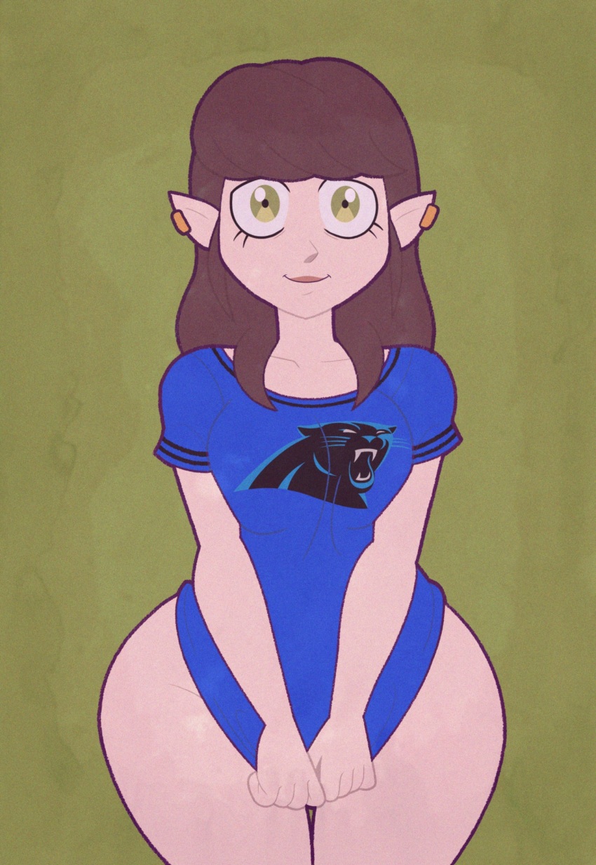 1girl, bottomless, breasts, brown_hair, carolina_panthers, collarbone, commentary, commission, covering_crotch, covering_privates, ear_piercing, english_commentary, highres, kinggargantuas, large_variant_set, no_panties, no_pants, original, piercing, pointy_ears, print_shirt, shirt, short_sleeves, solo, the_owl_house, variant_set, ych_commission