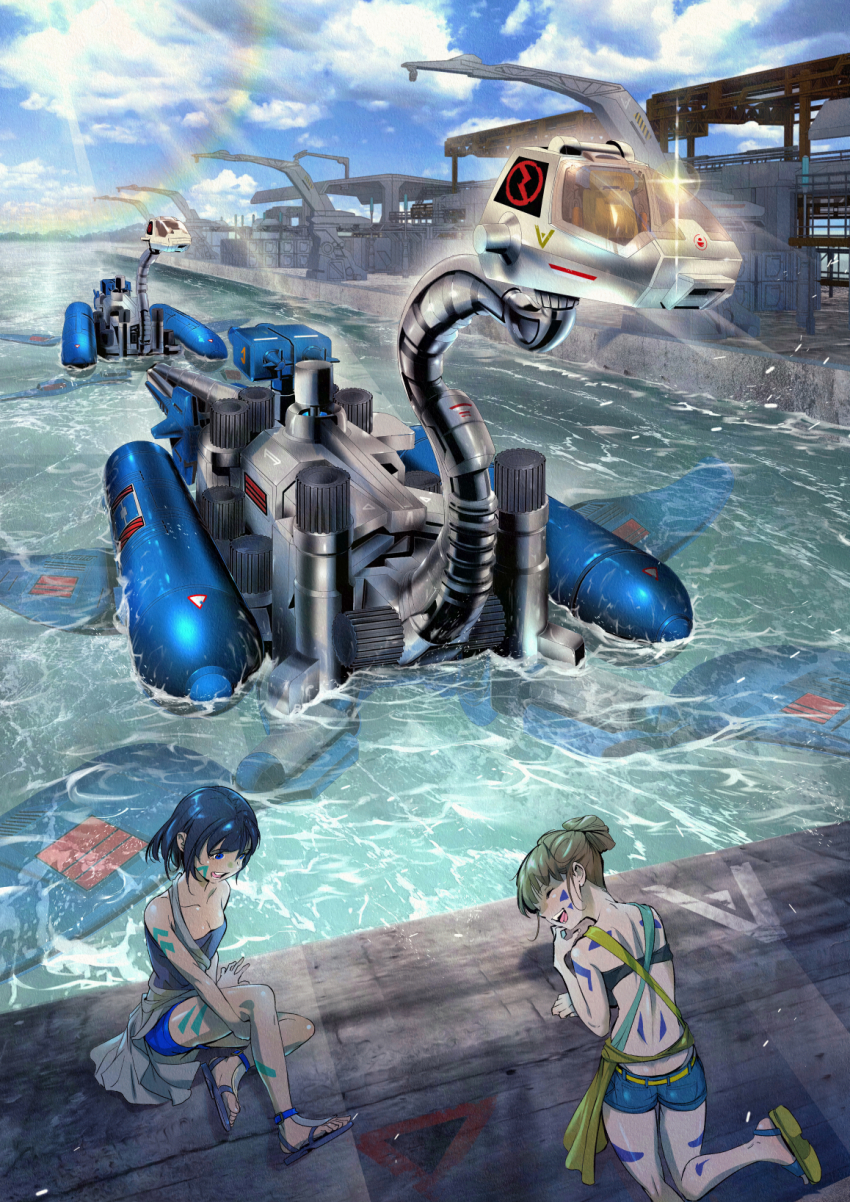 2girls, arm_markings, bandeau, blonde_hair, blue_eyes, blue_hair, blue_sky, body_markings