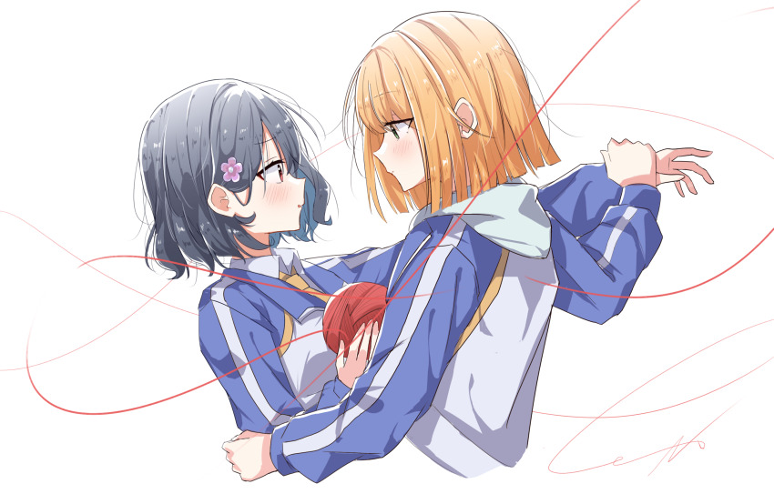 2girls, black_hair, blonde_hair, call_up_girls, chinese_commentary, commentary_request, flower_hairpin, highres