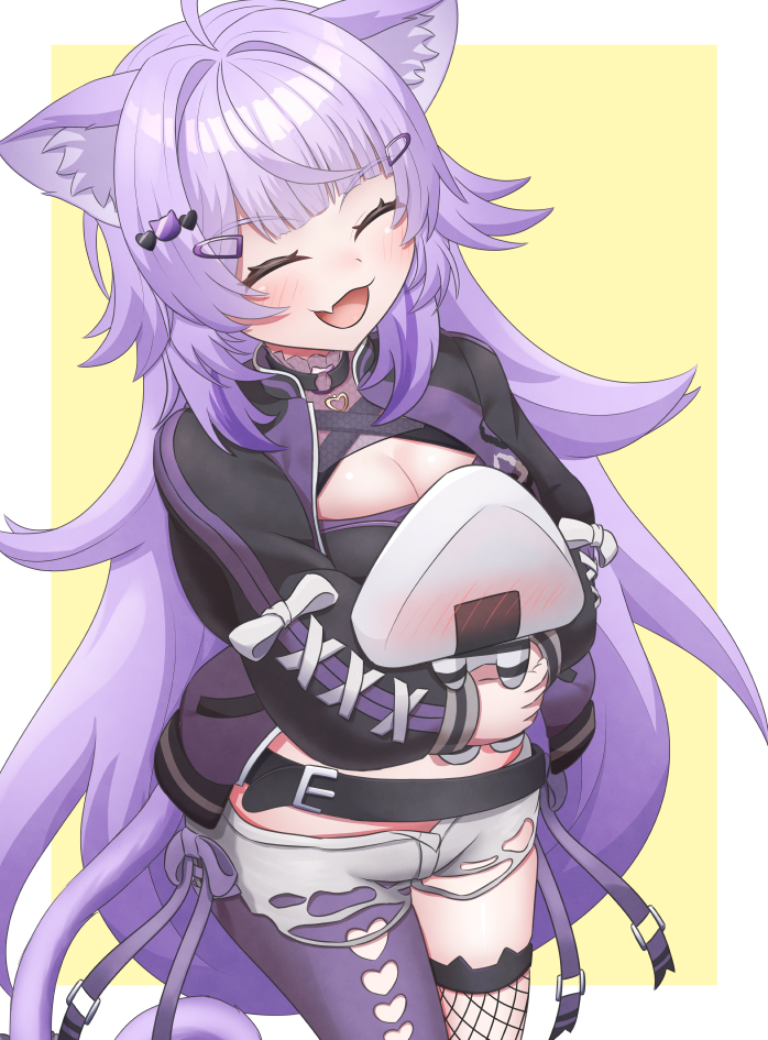 1girl, ahoge, alternate_hair_length_(longer), animal_ear_fluff, animal_ears, asymmetrical_legwear, black_jacket, blush