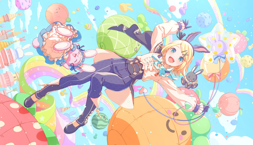 1girl, 2others, :3, :d, ^_^, animal_ear_hairband, animal_ears, animal_nose, aqua_eyes, arm_up, balloon, black_boots, black_capelet, black_corset, blonde_hair, bloomers, blue_bow, blue_bowtie, blue_dress, blue_sky, boots, bow, bowtie, breasts, buttons, capelet, carrot, carrot_print, castle, center_frills, change!_emu_wa_ojou_sama!?_(project_sekai), closed_eyes, cloud, colorful, colorful_palette, corset, dot_nose, dress, dutch_angle, fake_animal_ears, food-themed_ornament, food_print, frilled_dress, frilled_sleeves, frills, full_body, game_cg, gloves, hair_ornament, hairband, hairclip, hand_up, happy, highres, kagamine_rin, light_blush, lolita_fashion, lolita_hairband, long_sleeves, looking_at_viewer, multicolored_eyes, multiple_others, official_alternate_costume, official_art, open_mouth, orange_shirt, outdoors, pants, parallel_hairclips, project_sekai, purple_gloves, purple_pants, rabbit, rabbit_ear_hairband, rabbit_ears, rabbit_ornament, shirt, shirt_tucked_in, short_hair, sky, small_breasts, smile, solo, tail, third-party_source, two-tone_eyes, underwear, vocaloid, wonderlands_x_showtime_rin, x_hair_ornament, yellow_eyes